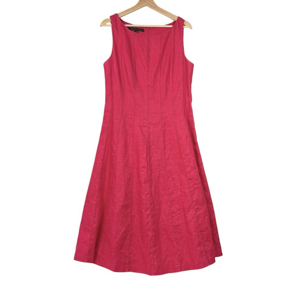 Anne Klein Dress Women's Size 12 Red Pink 100% Linen Sundress Fit and Flare READ